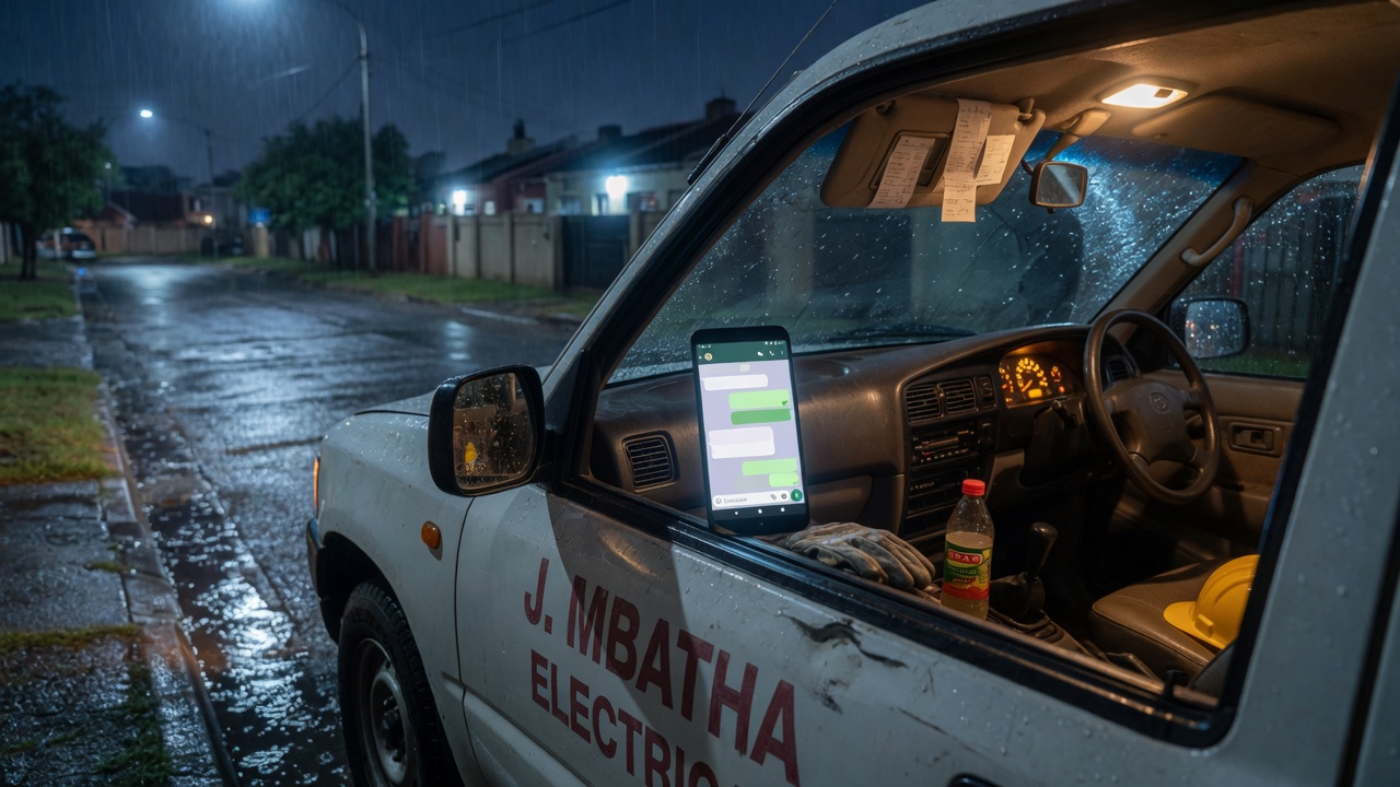 A trades bakkie at night, phone glowing on the dashboard